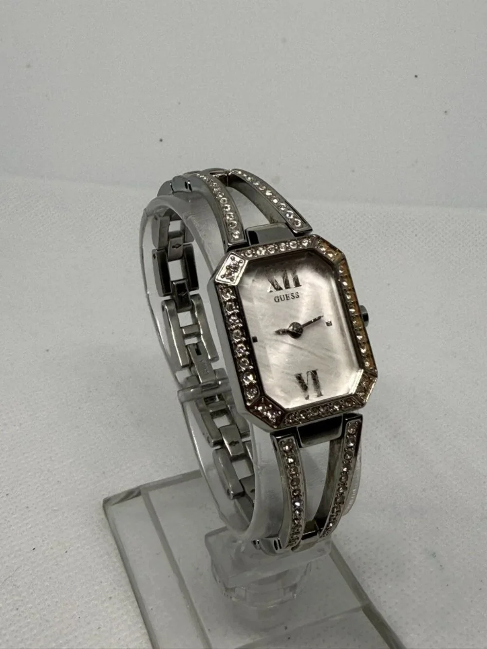 Guess Women's Silver-Tone Crystal Accented Rectangular Bracelet Watch